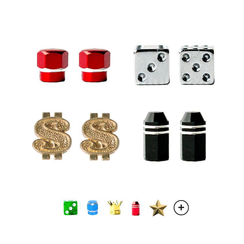 Red Metal, Chrome Dice, Gold Dollar Signs, Black Tip Valve Caps Featured - Other options: Clear Green Dice, Blue Metal, Gold Crowns, Red Tip, Gold Star Valve Caps, and MORE!