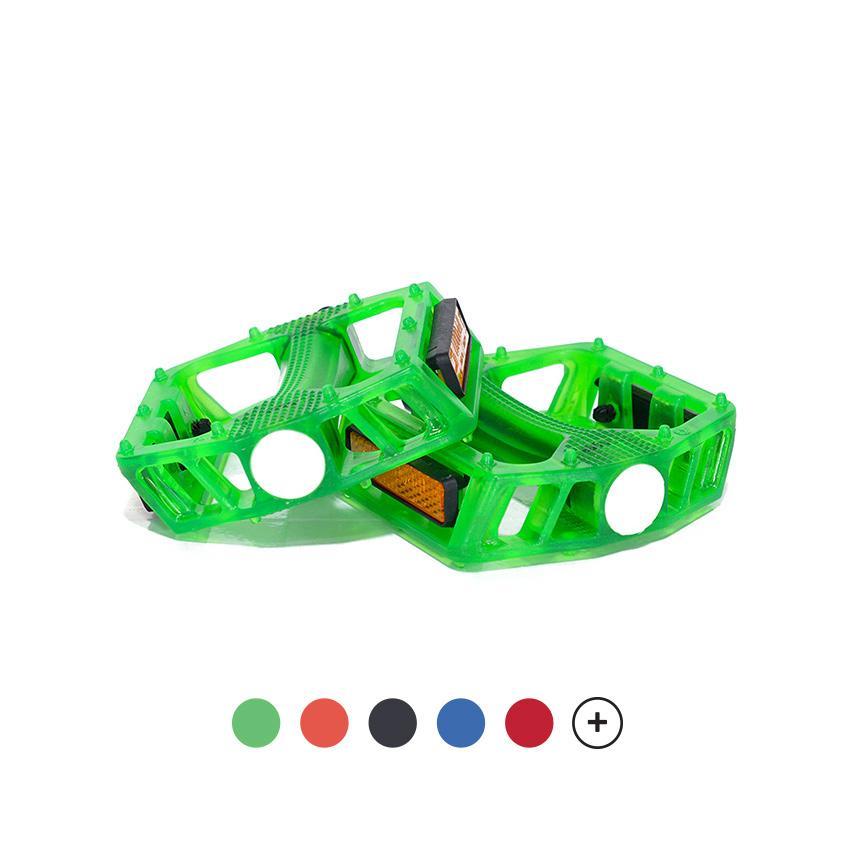 SHOP ALL FLAT PEDALS | Bright Green Pedals Featured - Other colors: orange, black, blue, red, and MORE!