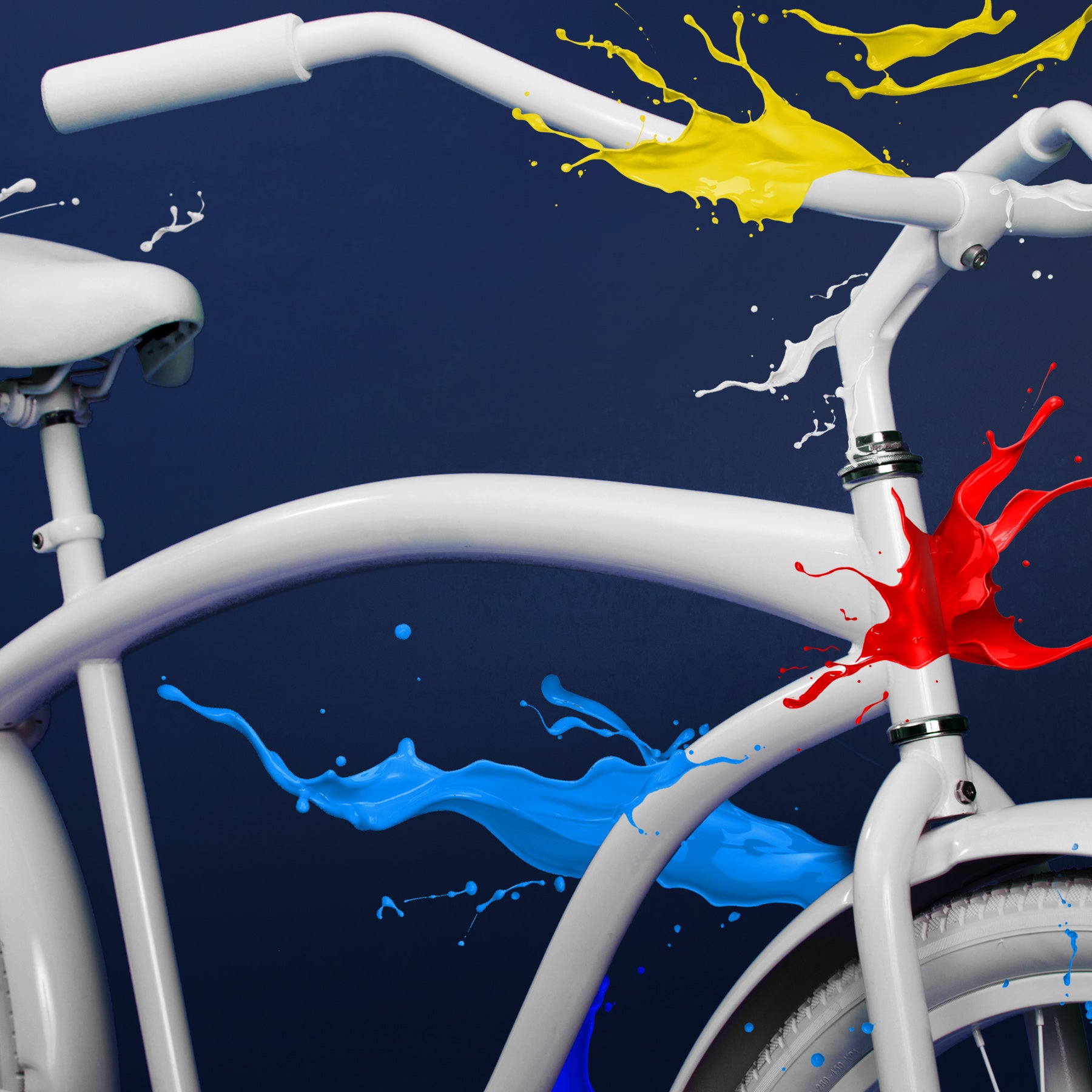 A white Villy bike having different paint splatters thrown at it