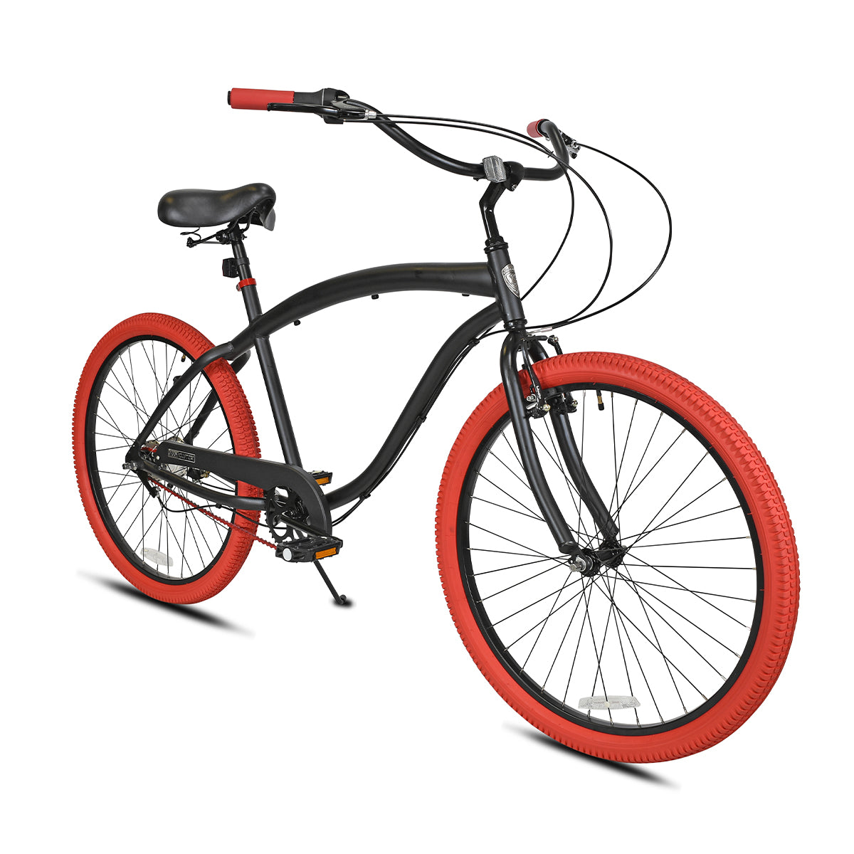 Lucas 3-Speed Cruiser Matte Black Step-Over Frame, Handlebar, Saddle, Handbrakes, Pedals, Wheels, and Shifter with Red Grips, Chain, and Tires