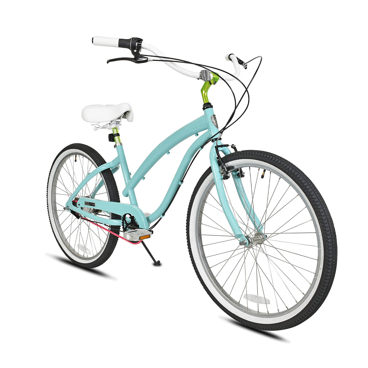 Ashlee 3-Speed Cruiser Aqua Step-Thru Frame with White Grips and Handlebar with Silver Wheels and Pedals, Pink Chain, Electric Lime Posts, and Black Tires, Shifters, and Hand Brakes