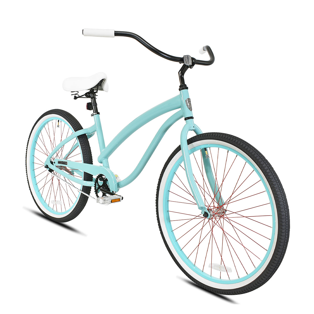 Chelsea Single-Speed Cruiser with Aqua Step-Thru Frame and Wheels, with Red Spokes and Black Tires and Handlebar along with Silver Chain and Pedals and White Saddle and Grips
