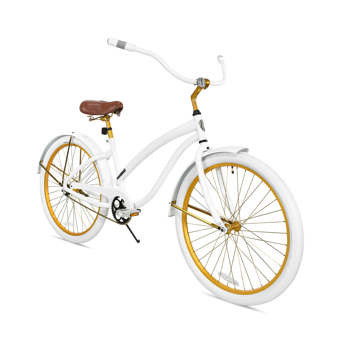 Dallas Single-Speed Cruiser with White Step-Thru Frame, Tires, Fenders, Handlebar, and Grips Complimented with Silver and Gold Wheels, Spokes, Fender Brace, Chain, and Posts with a Brown Saddle