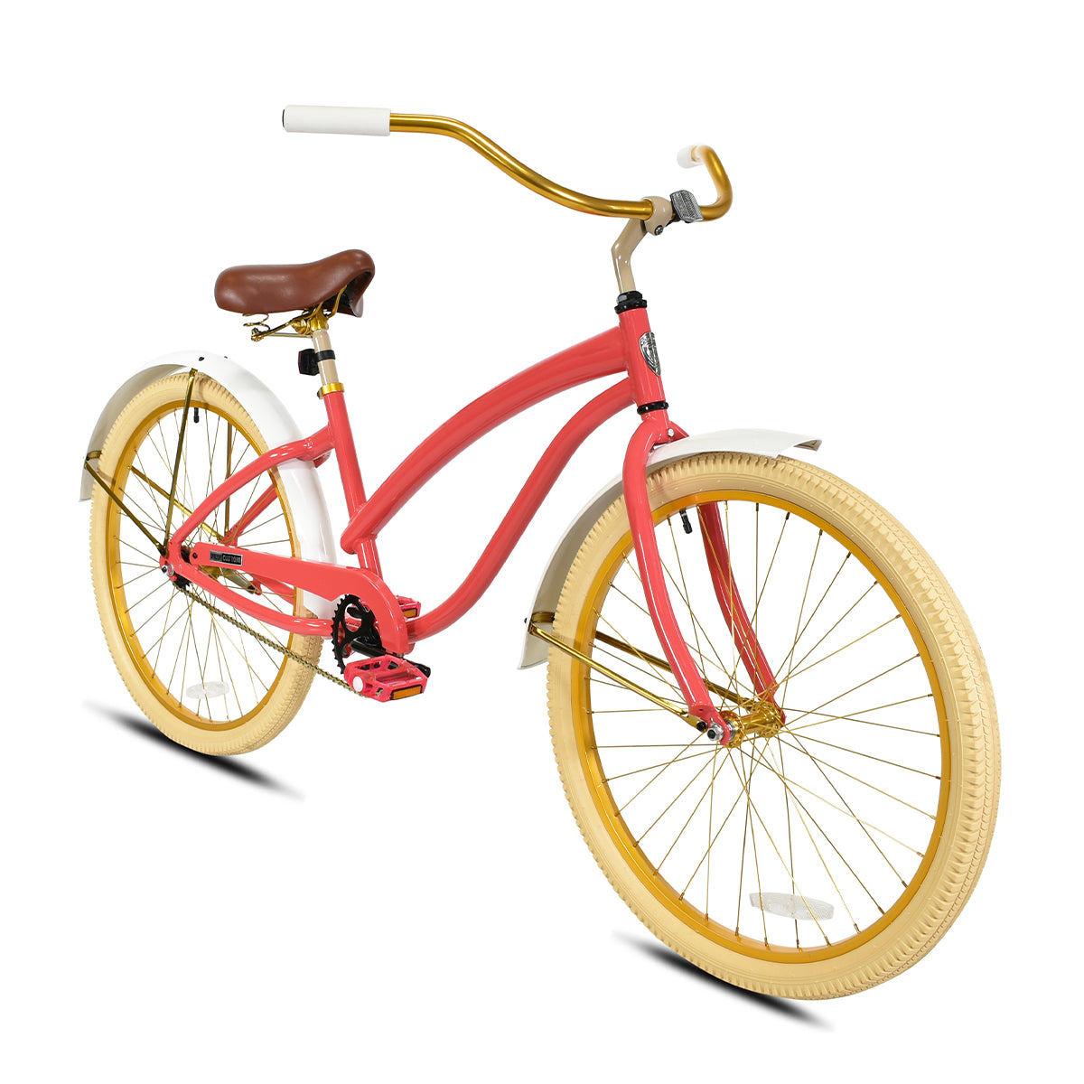 Dolly Single-Speed Cruiser with Coral Pink Step-Thru Frame and Pedals with White Fenders and Grips, Gold Wheels, Fender Braces, Handlebar, and Chain, and Cream Tires and Latte Posts along with a Brown Saddle