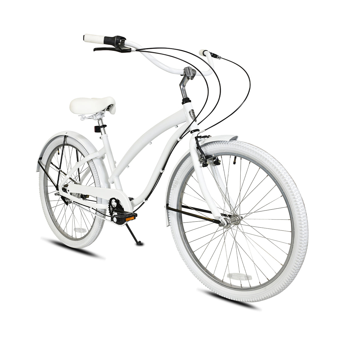 Elise 3-Speed Cruiser with White Step-Thru Frame, Handlebar, Saddle, Chain, Fenders, Grips, and Tires with Silver Stems, Chain, and Wheels and Black Pedals, Hand Brakes, Fender Braces, and Shifters