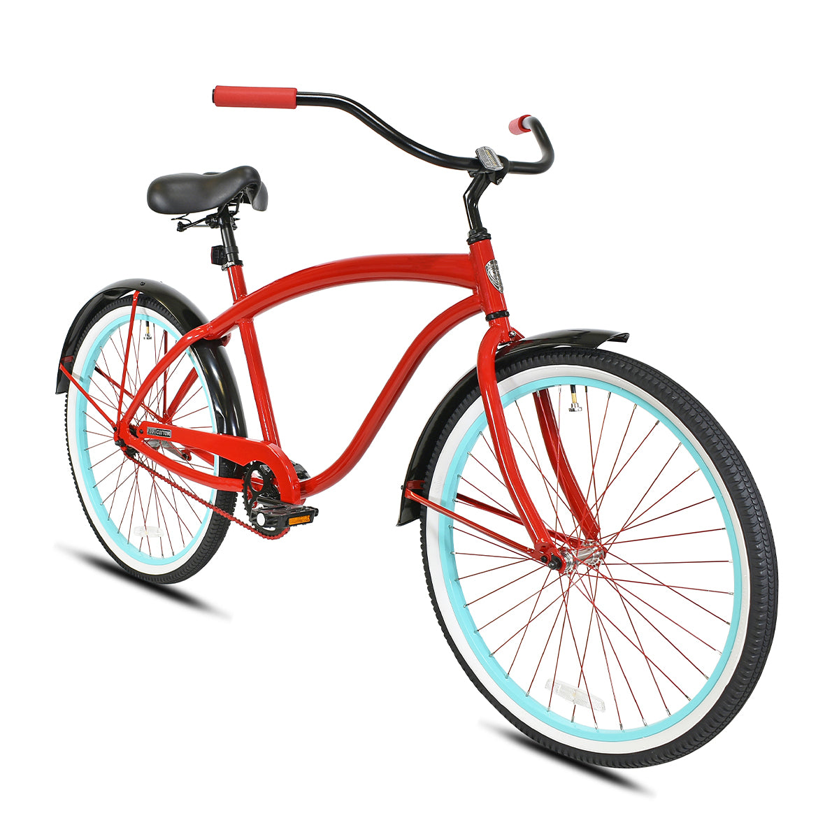 Elvis Single-Speed Cruiser Red Step-Over Frame, Grips, Chain, and Fender Brace with Black Handlebar, Saddle, Fenders, and Tires and Light Blue with Red Spokes