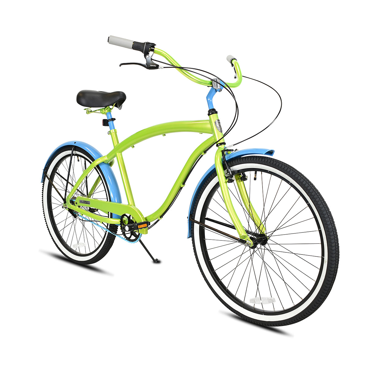 Jerry 3-Speed Cruiser Electric Lime Step-Over Frame and Handlebar with Sky Blue Fenders, Chain, and Posts and Black Tires, Shifters, Saddle, and Hand Brakes with White Wheels