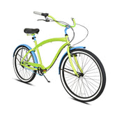 Jerry 3-Speed Cruiser Electric Lime Step-Over Frame and Handlebar with Sky Blue Fenders, Chain, and Posts and Black Tires, Shifters, Saddle, and Hand Brakes with White Wheels