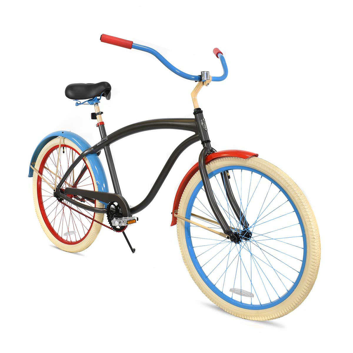 Angled view of a charcoal grey step-over Villy Custom beach cruiser with mis-matched red and sky blue fenders and wheels. The photo also shows a sky blue handlebar and seat hardware, red grips and chain, and latte stem, seat post, and fender braces.  