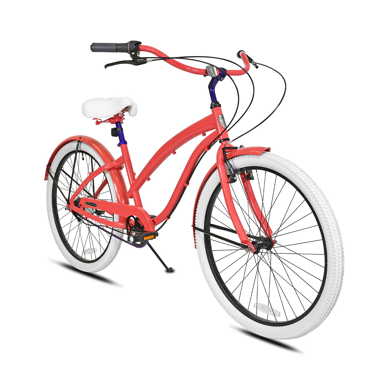 Lily 3-Speed Cruiser Coral Pink Step-Thru Frame, Fenders, and Handlebar with White Saddle and Tires and Black Chain, Pedals, Fender Braces, Grips, Handbrakes, Wheels, and Shifter with Royal Blue Posts