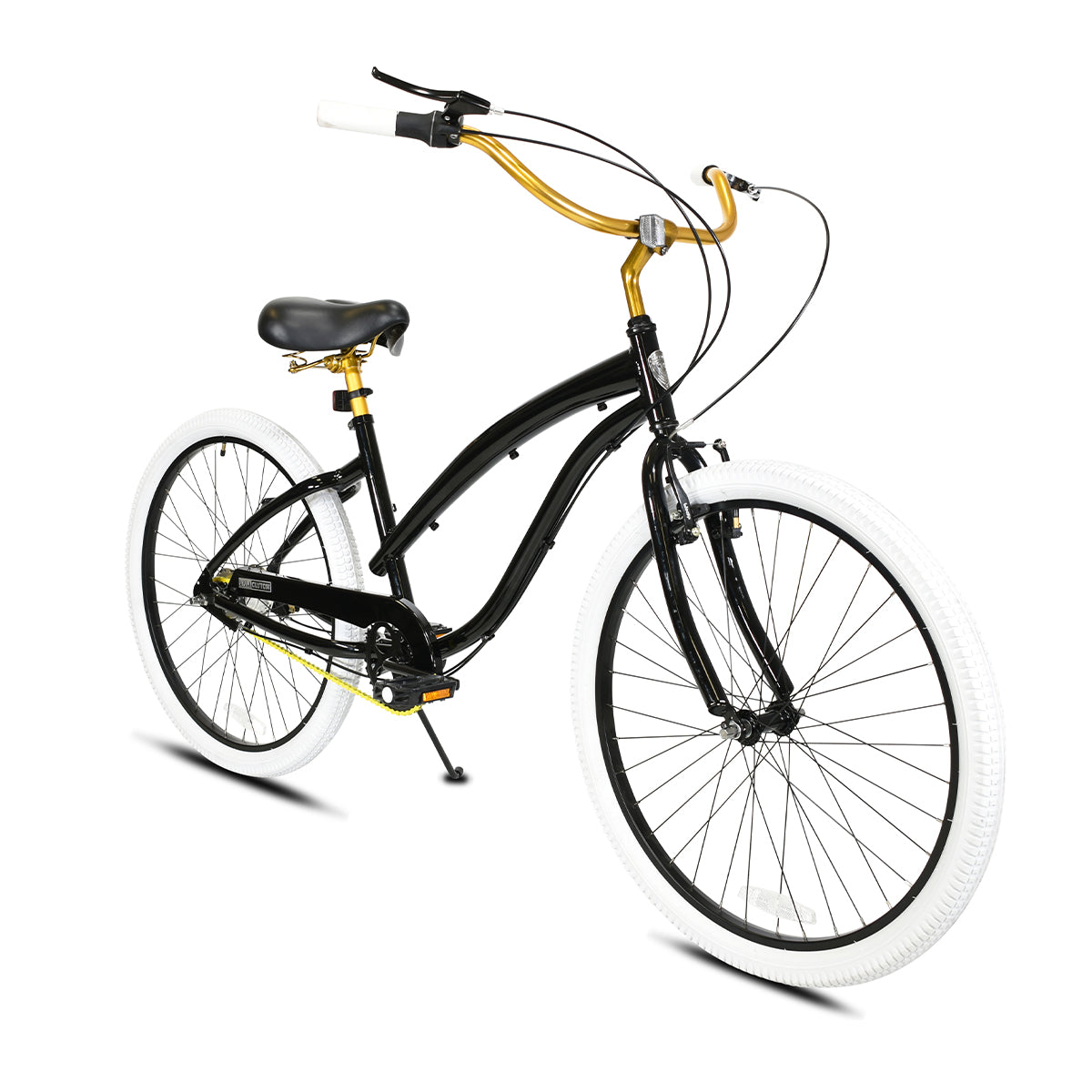 Mabel 3-Speed Cruiser Black Step-Thru Frame, Handbrakes, Shifter, Wheels, Pedals, and Saddle with Gold Chain, Handlebar, and Posts with White Grips and Tires