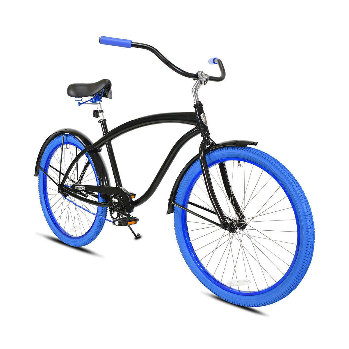 Rob Single-Speed Cruiser Black Step-Over Frame, Handlebar, Fenders, and Saddle with Blue Grips, Chain, Tires, and Wheels with Silver Spokes